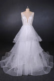 Elegant V-neck Tulle Open Back Wedding Dresses, Asymmetrical Long Bridal Dresses STK15217