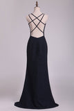 2024 Dark Navy Spaghetti Straps Sheath Chiffon With Beading Evening PYHRLM6C