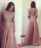 Scoop Beads Long Cheap Open Back Chiffon Pink A-Line Sleeveless Prom