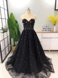 Elegant A Line Sweetheart Strapless Black Tulle Prom Dresses with Beading STK15578