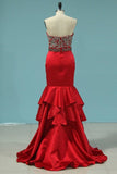 2024 New Arrival Mermaid V Neck Prom Dresses Satin PTS97ZYB