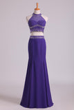 2024 Halter Two-Piece Beaded Bodice Sheath Open Back Prom Dresses Spandex & Tulle Floor P84JHZ8H