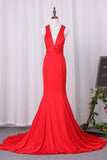 2024 V Neck Satin Evening Dresses Mermaid Open Back PG6XBSGD