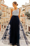 Flowy One Shoulder Navy Blue Tulle Long Prom Dresses, Cheap Formal Dresses STK15232