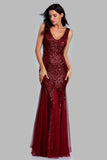 Sexy Burgundy Tulle V Neck Mermaid Sequin Prom Dresses, Evening Party Dresses STK15332