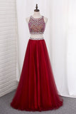 2024 Two Pieces Bateau Prom Dress Beaded Bodice A Line Tulle P8B1MHED