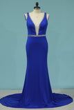 2024 Prom Dresses Mermaid V Neck Spandex With Beading PS4LPQZL