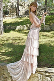 Spaghetti Tired Lace Vintage Wedding Dress with Sweep Train, Round Neck Bridal Dresses STK15425