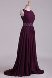 2024 Prom Dresses A-Line Bateau Floor-Length Chiffon With Beads & PHP9NLY1