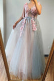 A line V neck Beads Pink Long Tulle Prom Dresses With Floral, Formal Dresses STK15038