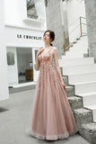 A Line V Neck Pink Beads Straps Prom Dresses Lace up, Long Dance STK20387