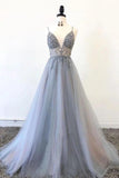 Gorgeous A Line Spaghetti Straps V Neck Beads Prom Dresses with STK15648