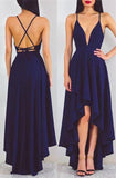 Sexy A-line Deep V-neck High Low Dark Navy Blue Chiffon Prom Dress Evening