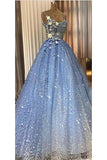 A-line Blue Spaghetti Straps Sweetheart Long Prom Dresses, Evening Dresses STK15048