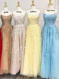 A Line Tulle Yellow Spaghetti Straps Prom Dresses with Appliques, Party STK15613