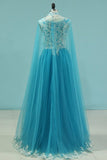 2024 Muslin Prom Dresses With Cape A-Line Spaghetti Straps Tulle With Gold PQ8E3KAC