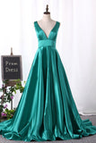 2024 A Line Evening Dresses V Neck Satin Sweep Train PRXET2GR