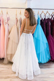 Puffy White V Neck Tulle Sequins Long Prom Dress A Line Backless Evening Dresses STK15313