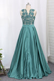 2024 Prom Dresses A Line Scoop With Applique Satin PFR6B5E7