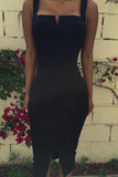 Sexy Sheath Black Spaghetti Straps Slit Tea Length Prom Dresses Homecoming Dresses