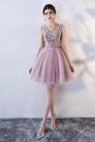 Princess Pink A Line V Neck Flowers Tulle Lace up Short Mini Homecoming Dresses