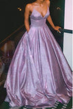 A Line Spaghetti Straps Long Prom Dress with Pockets, Glitter Lilac V Neck Formal Dresses STK15028