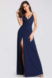 Sexy V Neck Long Spaghetti Straps Mermaid Navy Blue Prom Dresses with High Split STK15366