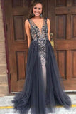 Elegant Mermaid V-Neck Sweep Train Grey Tulle Detachable Prom Dress with Beading