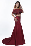 Elegant Mermaid Off the Shoulder Two Pieces Beades Burgundy Prom STK20416