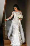 Mermaid Long Sleeve Lace Appliques Off the Shoulder Detachable Train Wedding Dresses STK15262