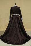 2024 High Neck Long Sleeves Prom Dresses A Line Satin With Beading