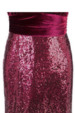 Sexy Sequins Mermaid V Neck Burgundy Velvet Long Prom Dresses Backless Evening Dress STK15352