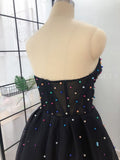 Elegant A Line Sweetheart Strapless Black Tulle Prom Dresses with Beading STK15578