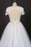 A-line Short Sleeves Beads V Neck Lace Applique Wedding Dresses, Bridal Dress STK15051