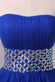 2024 Prom Dress Strapless Dark Royal Blue A Line/Princess Pick Up Tulle Skirt Beaded P21LA3TZ