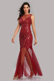 See Through Burgundy Mermaid Bateau Prom Dresses with Beading Tulle Party Dresses STK15324