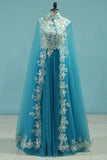 2024 Muslin Prom Dresses With Cape A-Line Spaghetti Straps Tulle With Gold PQ8E3KAC