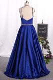 2024 Spaghetti Straps Open Back Prom Dresses Satin With PFM4J4RM