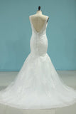 2024 Romantic Wedding Dresses 2024 Mermaid/Trumpet V-Neck Court Train Beaded Tulle Open PPQ6667D