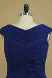 2024 Dark Royal Blue A Line Cowl Neck Prom Dresses Chiffon With Applique And PC917E12