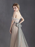 Cheap A-Line Off the Shoulder Simple Silver Sweetheart Tulle Backless Prom Dresses