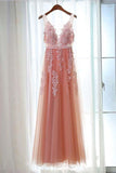 Charming Appliques Tulle V-Neck Beads Sleeveless Scoop Pearl Pink Prom Dresses