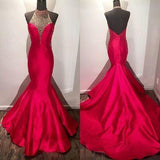 New Arrival Modest Beaded Halter Long Satin Fuchsia Mermaid Prom Dresses with Open Back