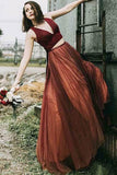 Elegant Two Pieces Burgundy  V Neck Tulle Prom Dresses Tulle Open Back Evening Dresses P1057