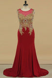 2024 Plus Size Prom Dresses Scoop Mermaid Spandex With Applique Sleeveless P2TFALFM