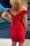 Cute Red Off the Shoulder Satin Homecoming Dresses with Lace