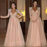 Elegant A Line Long Sleeve Deep V Neck Pink Beads Tulle Long Prom Dresses