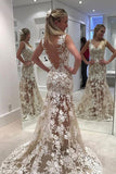 Elegant Lace Sheer Ivory V-Neck Appliques Sleeveless Mermaid Backless Wedding Dresses