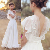 Elegant A-Line Ivory Flower Cap Sleeve V-Neck Chiffon Open Back Wedding Dresses