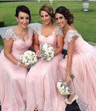 A-Line Pink Princess Cap Sleeves Sweetheart Floor-Length Beads Chiffon Bridesmaid Dresses